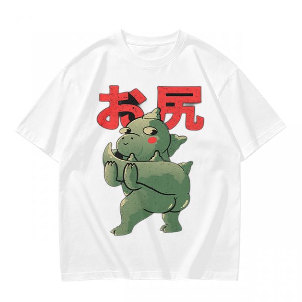 Olive T-Shirt With Cute Dinosaur Holding Its Own Butt Japanese Print