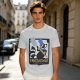 Olive green t-shirt with raccoon chef graphic and text