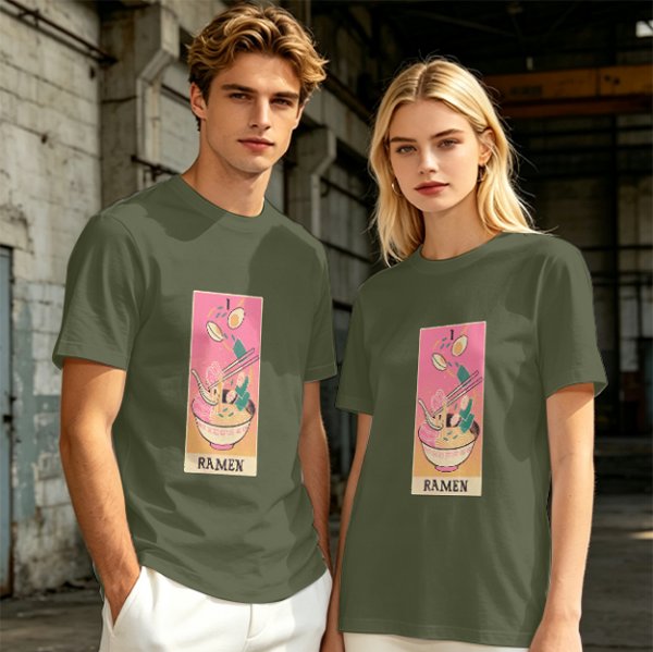 Olive T-Shirt With Ramen Tarot Card Style Graphic Print