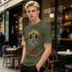 Olive graphic t-shirt with swords n sorcery appetite for sacrifice cross design