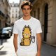 Olive T-Shirt With Grumpy Orange Cat Holding Hot Coffee Print