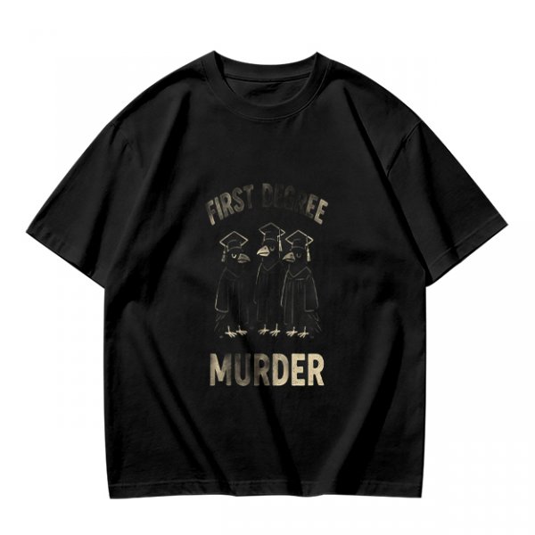 Olive t-shirt with first degree murder crow graduates graphic