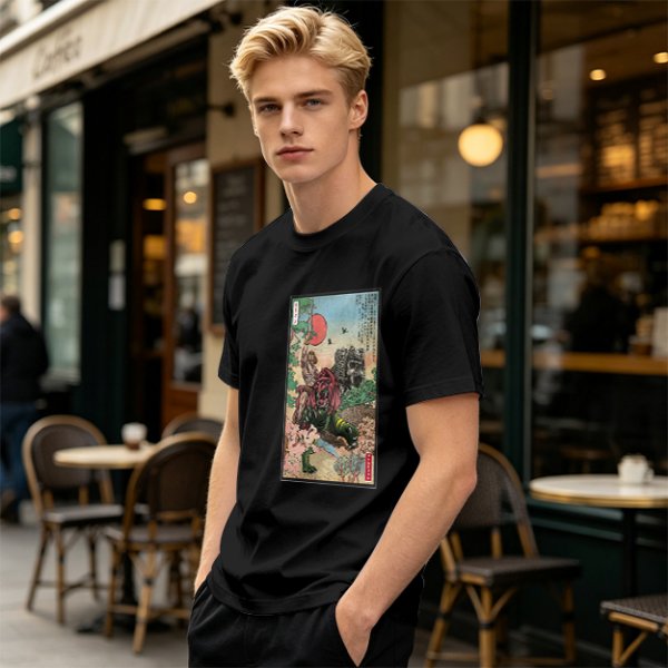 Olive T-shirt with ukiyo-e style fantasy creature graphic print