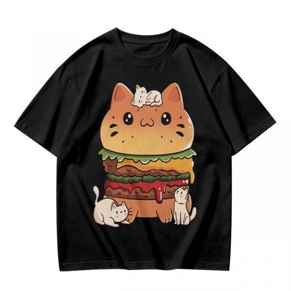 Olive T-Shirt With Cute Cat Burger And Kittens Print