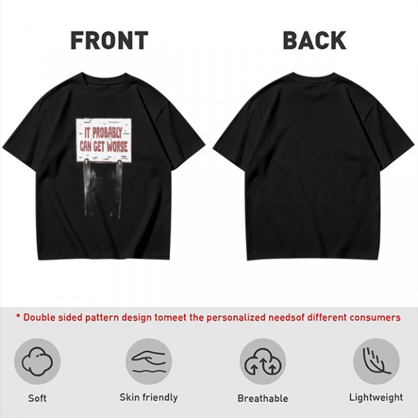 Olive t-shirt with cat holding 'It Probably Can Get Worse' sign