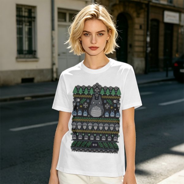 Olive T-Shirt With Totoro Ugly Christmas Sweater Style Print