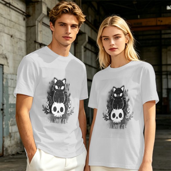 Olive green graphic t-shirt with black cat and skull print