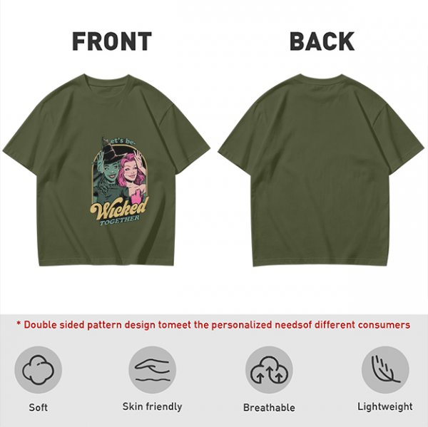 Olive green graphic t-shirt with 'Let's be Wicked Together' witch design