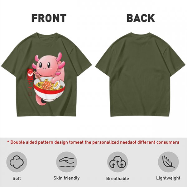 Olive T-Shirt Featuring a Cute Pink Axolotl Eating Ramen
