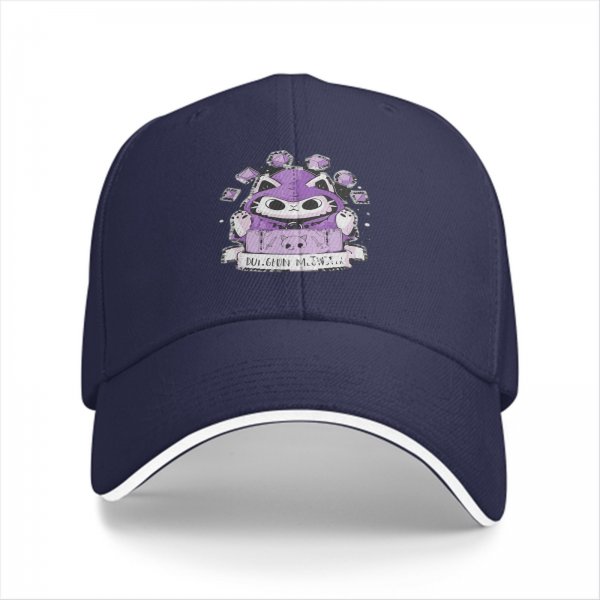Black baseball cap with purple wizard cat and dice graphic