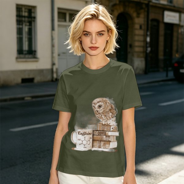 Owl on coffee books and caffeine mug graphic t-shirt
