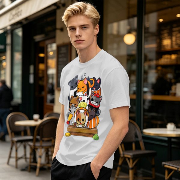 Olive T-Shirt With Cute Sushi Cat Stack Graphic Print