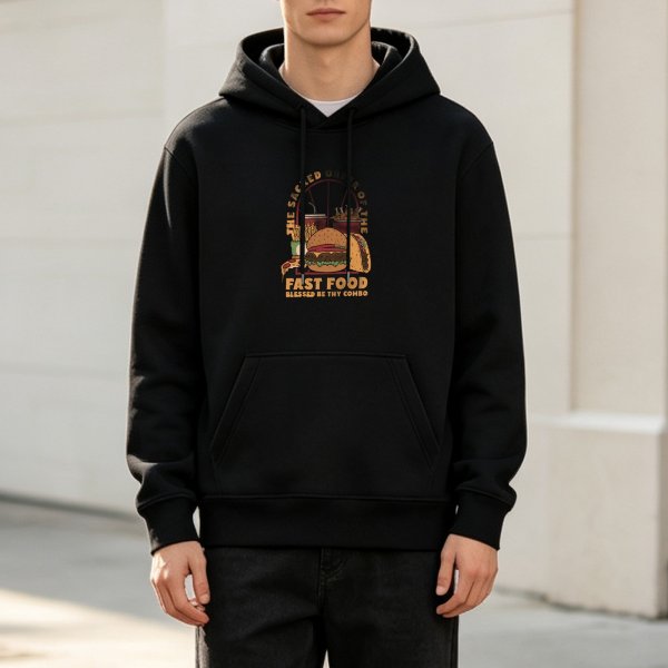 Black Hoodie With Sacred Order Of Fast Food Graphic Print