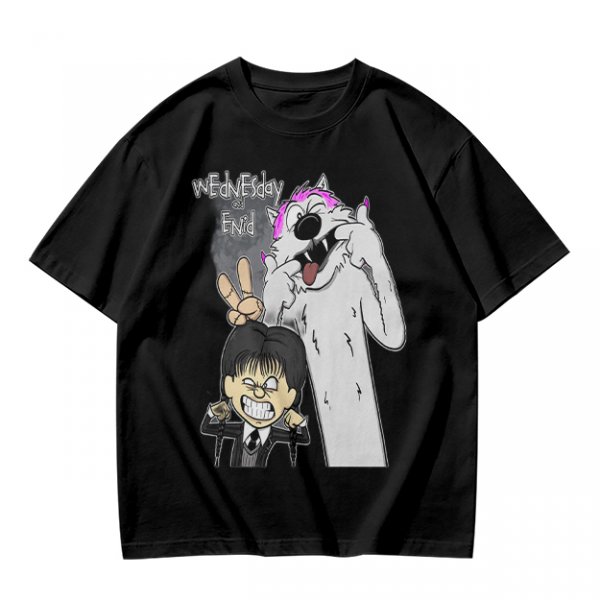 Olive graphic tee with Wednesday and Enid cartoon wolf design