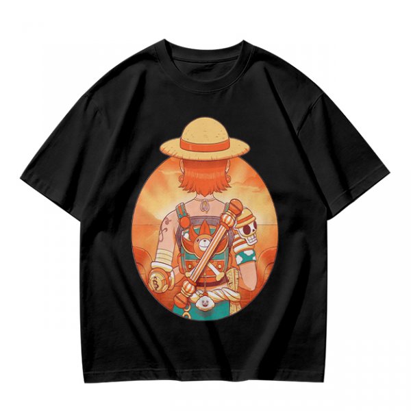 Olive T-Shirt Featuring Anime Character With Straw Hat Back View