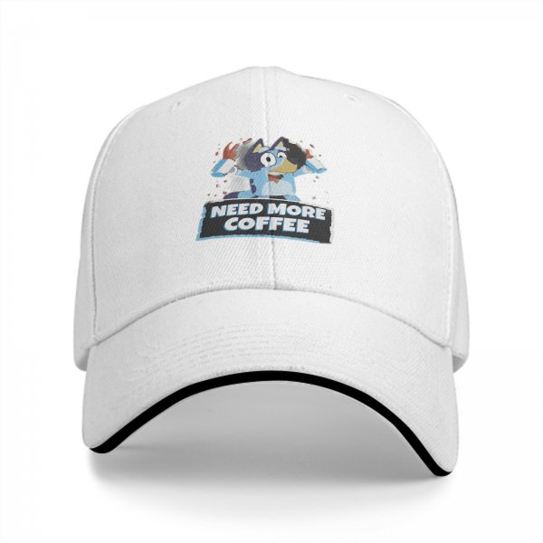 Black baseball cap with Bluey graphic and 'Need More Coffee' text