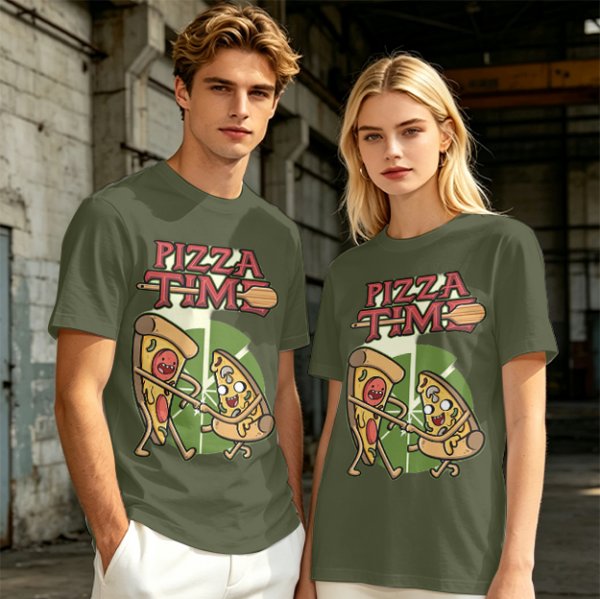 Olive green pizza graphic t-shirt with playful pizza slice characters
