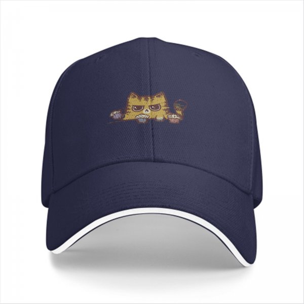 Black Baseball Cap With Grumpy Orange Cat And Cupcakes Print