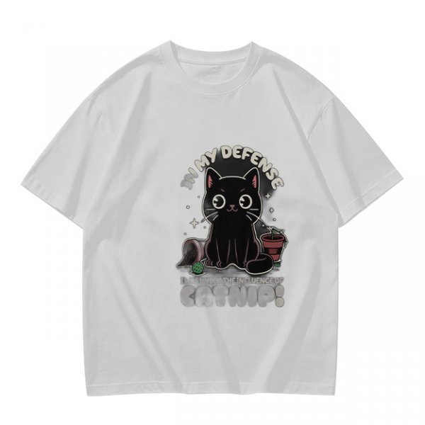 Olive t-shirt with black cat 'In My Defense I Was Under Catnip' print