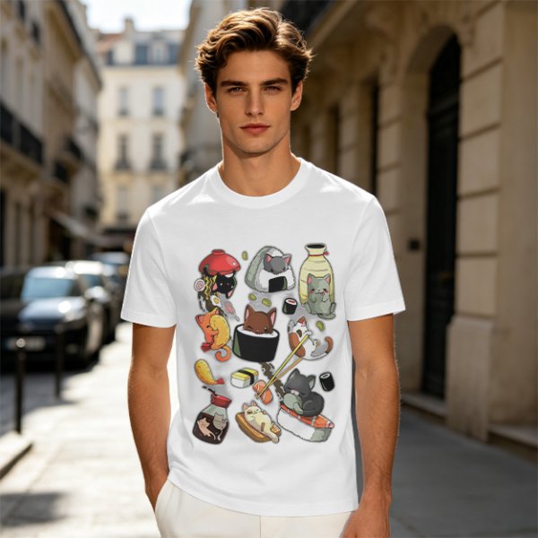 Olive T-Shirt With Cute Sushi Cat Illustrations