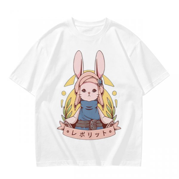 Olive T-shirt with Cute Rabbit Character and Japanese Text Print