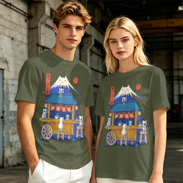 Olive t-shirt with cat ramen stall and Mount Fuji graphic