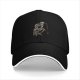 Black baseball cap with skeleton sitting on stool graphic