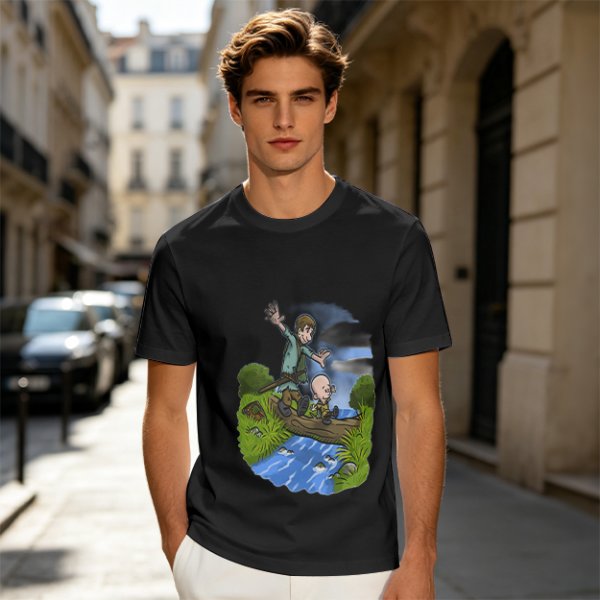 Olive T-shirt with Cartoon Boys Balancing on Log Over Stream