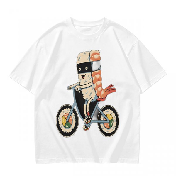 Olive T-Shirt With Sushi Ninja Riding Bicycle Print