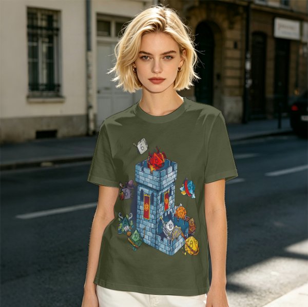 Olive T-Shirt With Fantasy Dice Castle Graphic Design