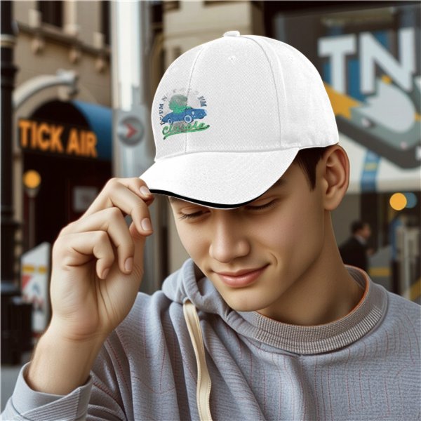 Black baseball cap with classic car and green character graphic