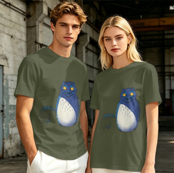 Olive T-Shirt With Blue Whimsical Creature Graphic Print