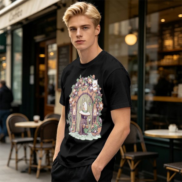 Olive T-Shirt With Whimsical Wizard Cat Garden Door Art