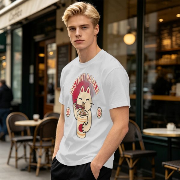 Olive green t-shirt with a cartoon cat eating instant ramen