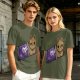 Olive T-shirt with a cartoon cat emerging from a purple chocolate wrapper print