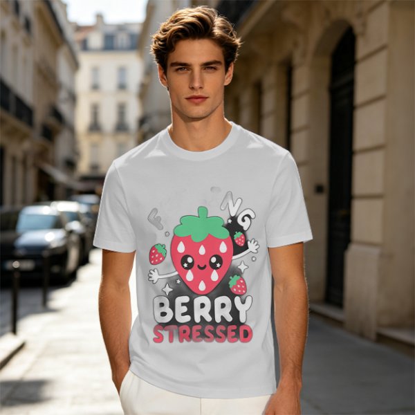 Olive graphic t-shirt with crying strawberry and 'berry stressed' text