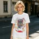 Olive green graphic t-shirt with a cartoon metal cat playing guitar