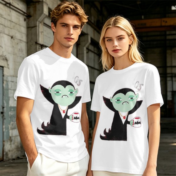 Olive T-Shirt With Tired Vampire Holding Bat Mug Graphic