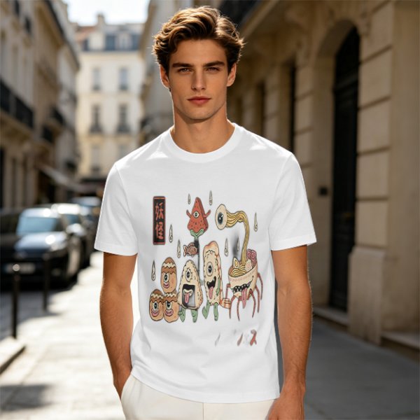 Olive T-Shirt with Japanese Food Monster Yokai Art Print