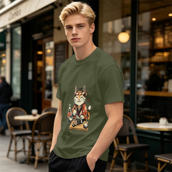 Olive T-Shirt Featuring a Cute Cat Sushi Chef Illustration