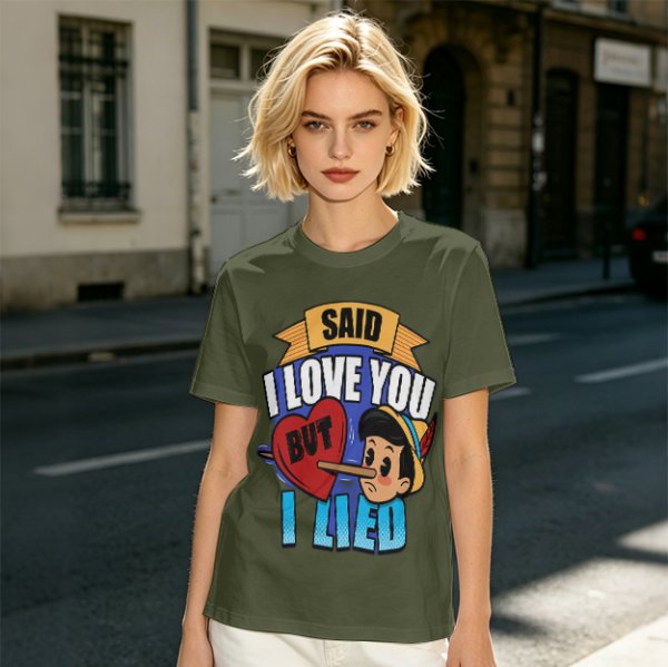 Olive t-shirt with Pinocchio 'Said I Love You But I Lied' print