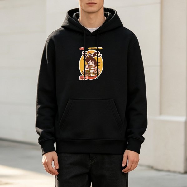 Black hoodie with anime character eating ramen graphic