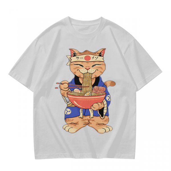 Olive T-Shirt Featuring a Cat in a Headband Eating Ramen