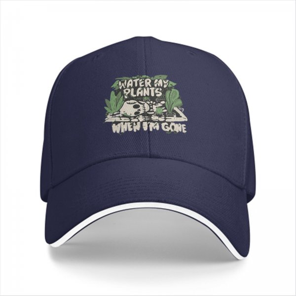 Black baseball cap with 'Water My Plants When I'm Gone' skull and plant graphic