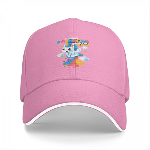 Black baseball cap with playful unicorn rainbow poop graphic