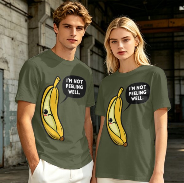 Olive T-shirt with sad banana graphic reading I'm not peeling well