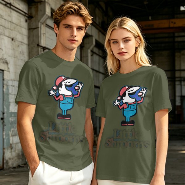 Olive T-shirt with Cartoon Character Holding Mushrooms Print