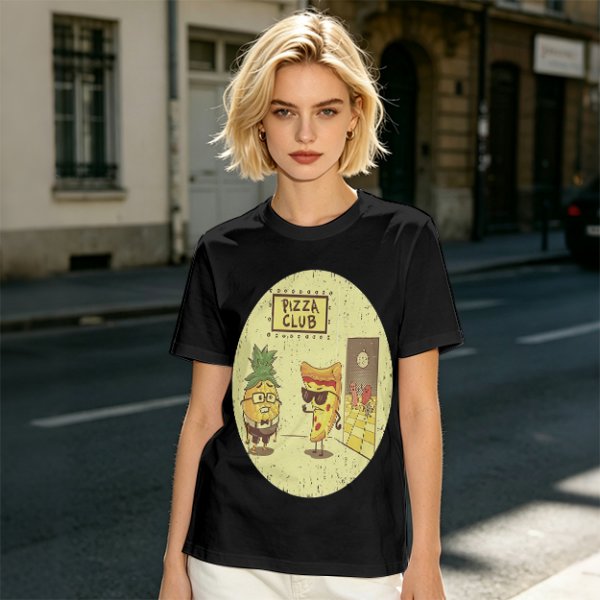 Pizza Club T-Shirt With Funny Pineapple and Pizza Slice Characters