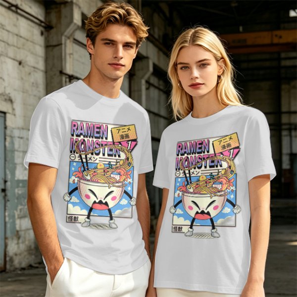 Olive green t-shirt with ramen monster anime graphic print