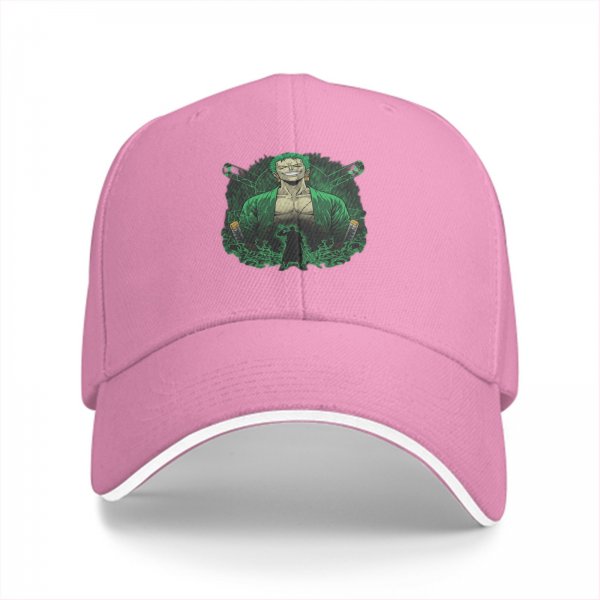 Black baseball cap with One Piece Roronoa Zoro graphic print